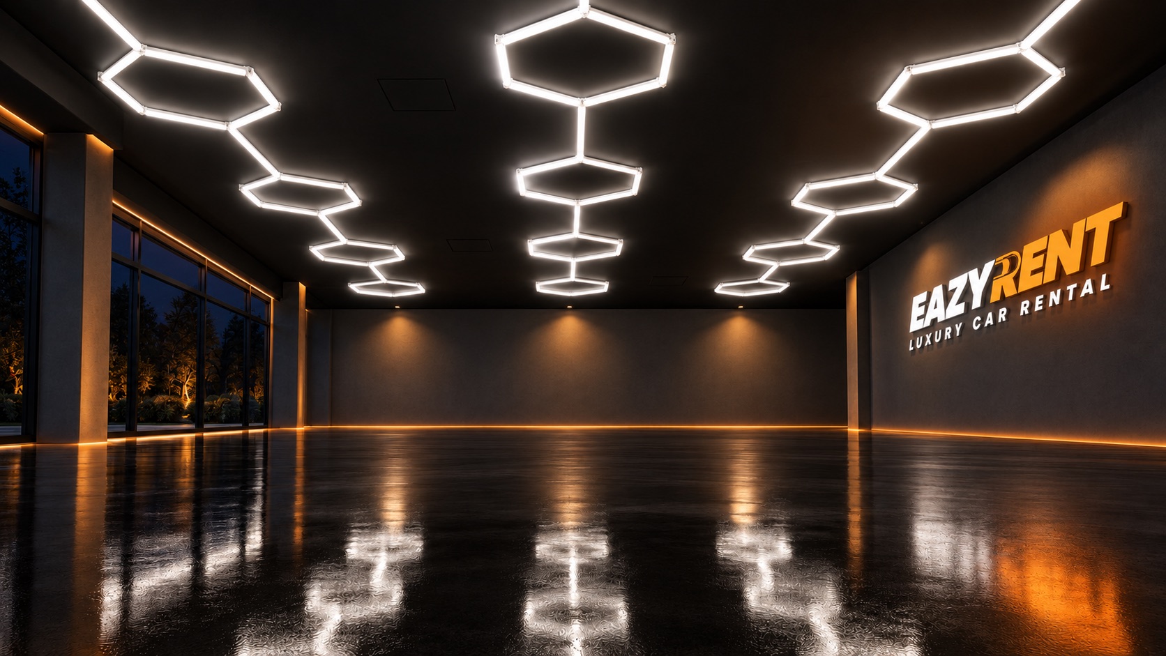 EAZY RENT Garage bei Nacht mit Wabenlampen, schwarzem Boden und beleuchtetem Logo