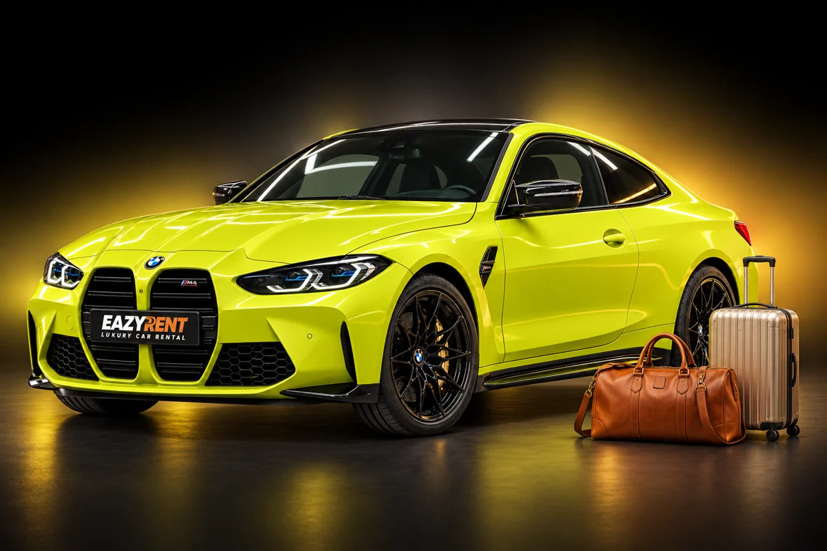 BMW M4 Competition mit Reisekoffer und Weekender für deinen Wochenendtrip